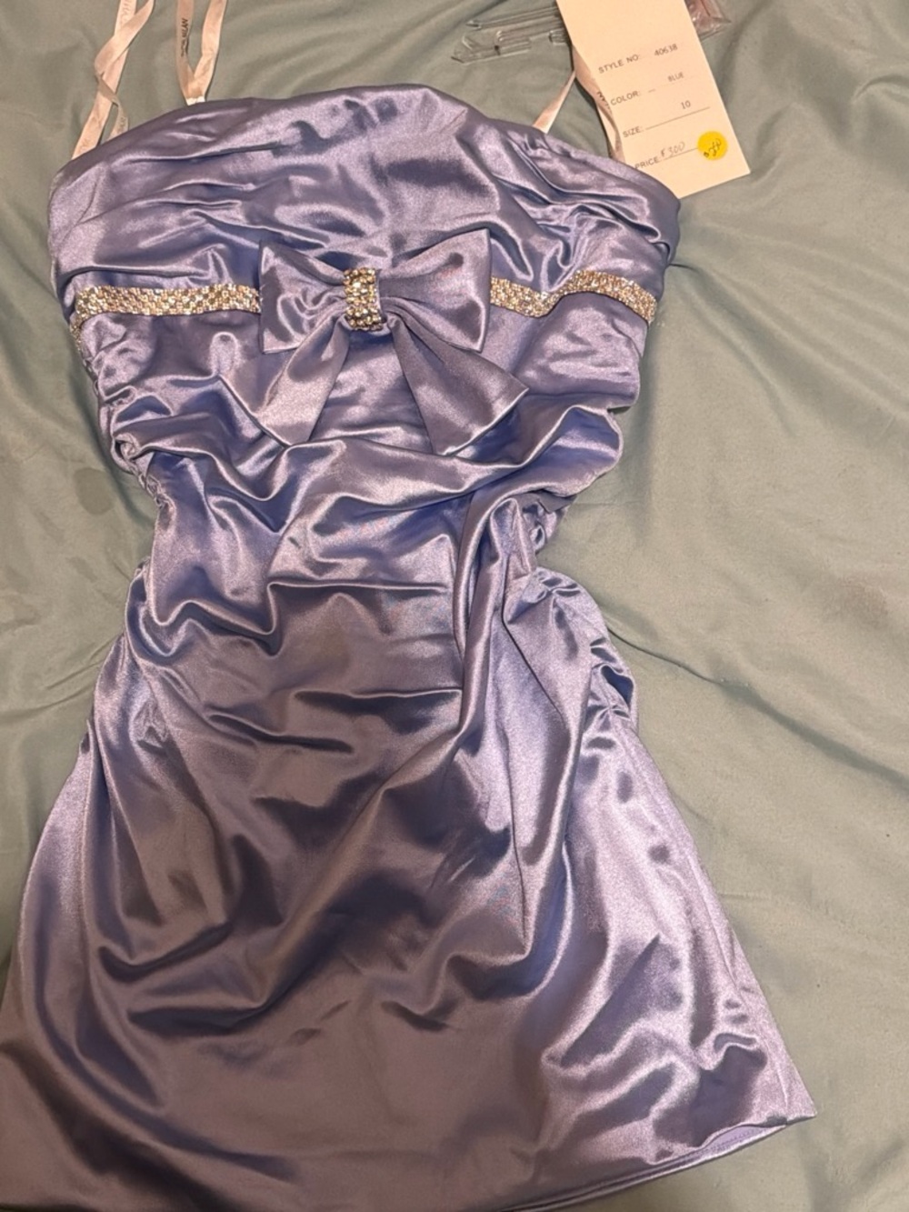 Rachel Allan Strapless Lavender Satin Dress with Rhinestone Bow